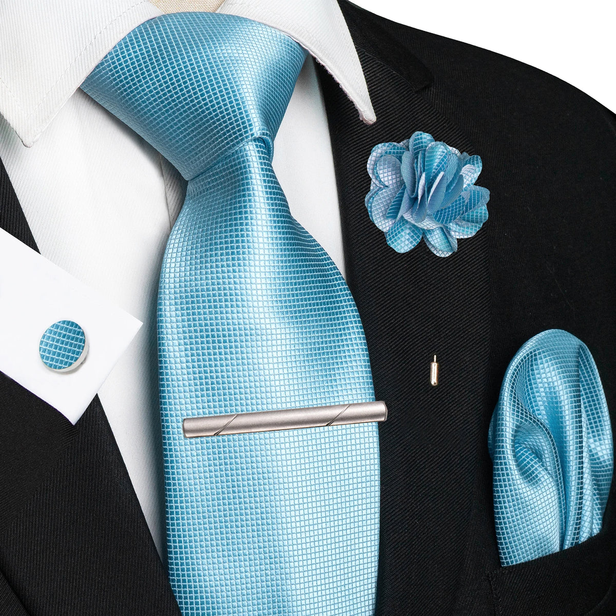 Blue 8cm Silk Tie Pin Pocket Square Cufflinks Tie
