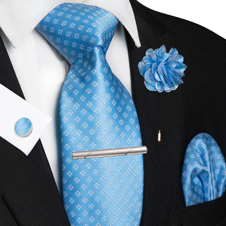 Blue 8cm Silk Tie Pin Pocket Square Cufflinks Tie