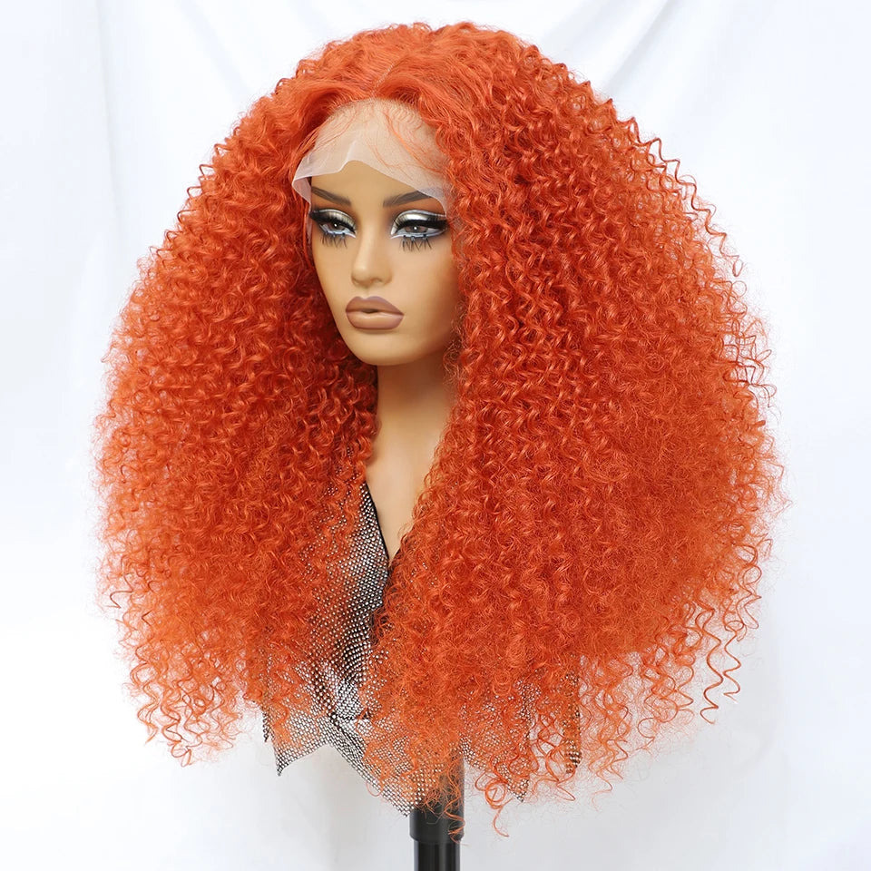 Orange 24 Inch Jerry Curl Synthetic Lace Kinky Curly Wigs