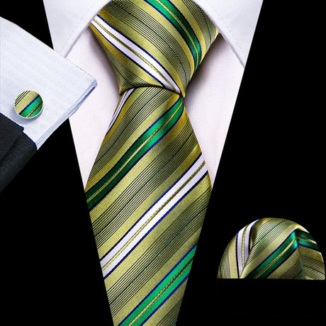 Solid Paisley Green Teal Blue Striped Silk Men Tie