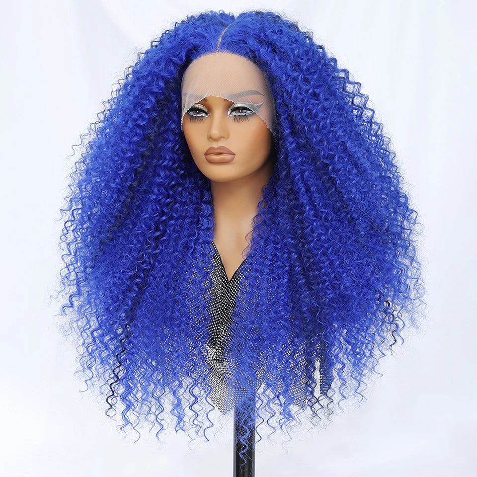 Blue 24 Inch Jerry Curl Synthetic Lace Kinky Curly Wigs