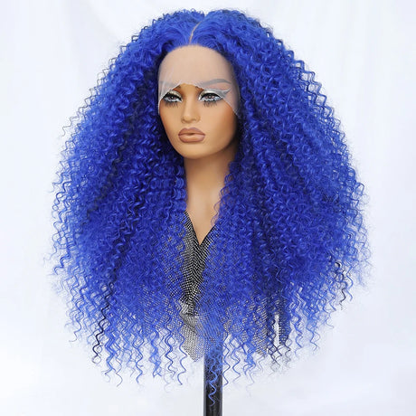 Blue 24 Inch Jerry Curl Synthetic Lace Kinky Curly Wigs