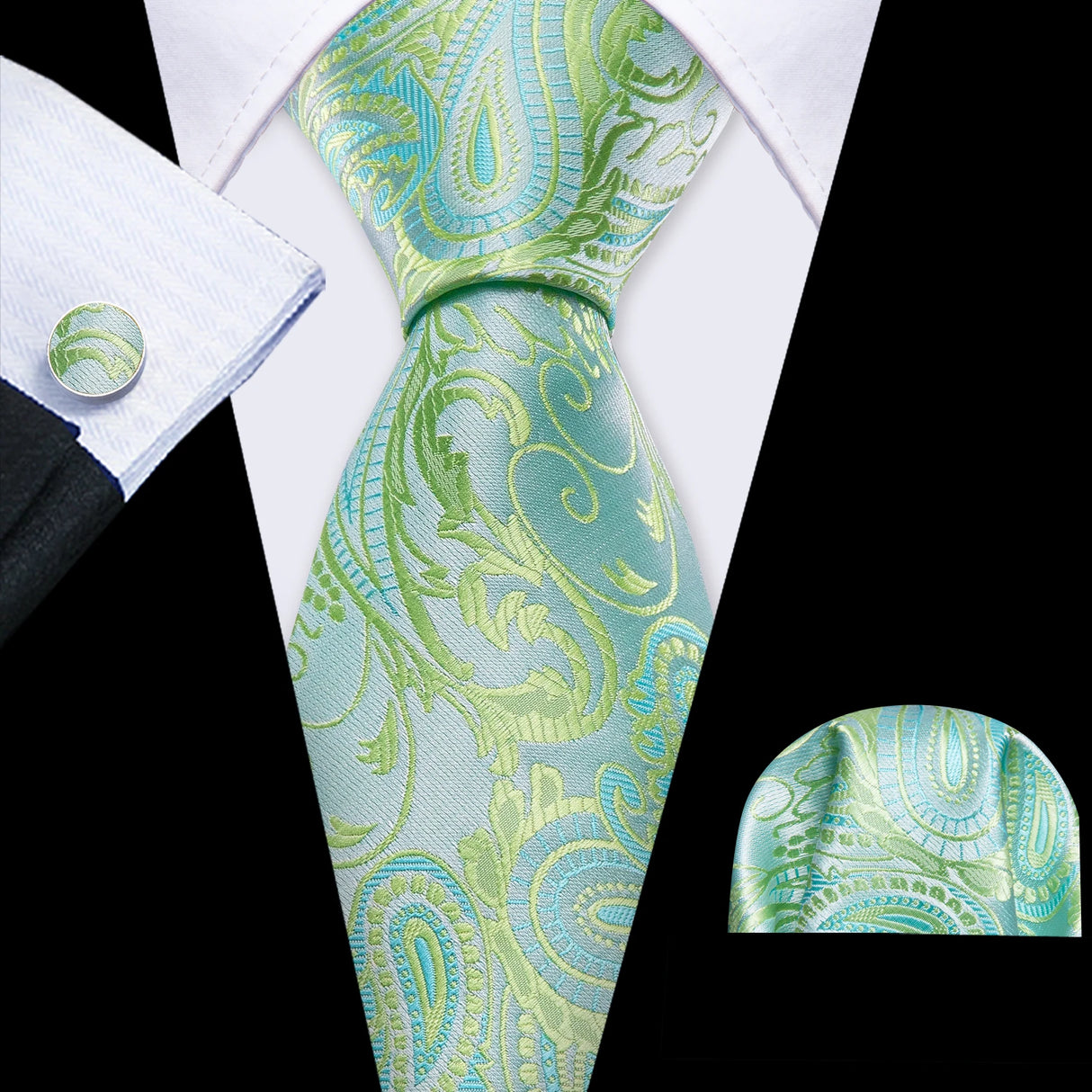 Solid Paisley Green Teal Blue Striped Silk Men Tie