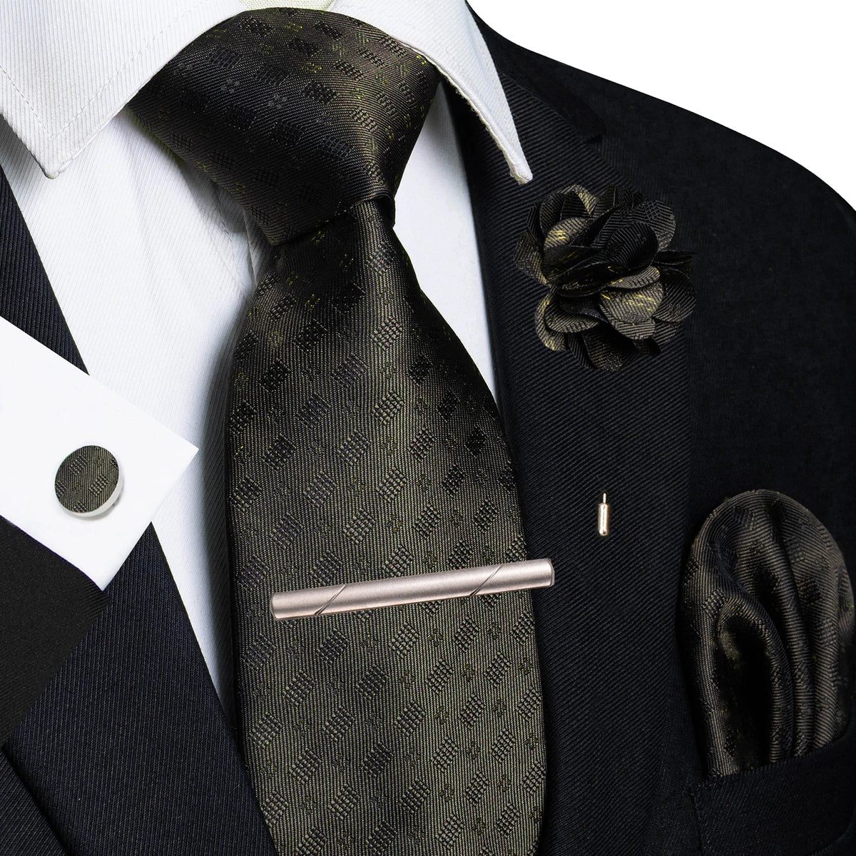 Black 8cm Silk Tie Pin Pocket Square Cufflinks Tie