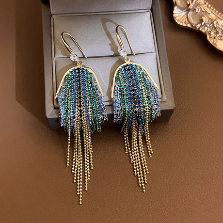 Rhinestones Long Tassel Earring