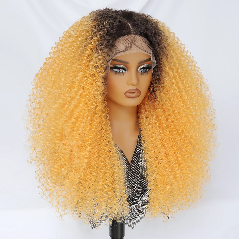 Yellow 24 Inch Jerry Curl Synthetic Lace Kinky Curly Wigs