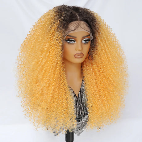 Yellow 24 Inch Jerry Curl Synthetic Lace Kinky Curly Wigs
