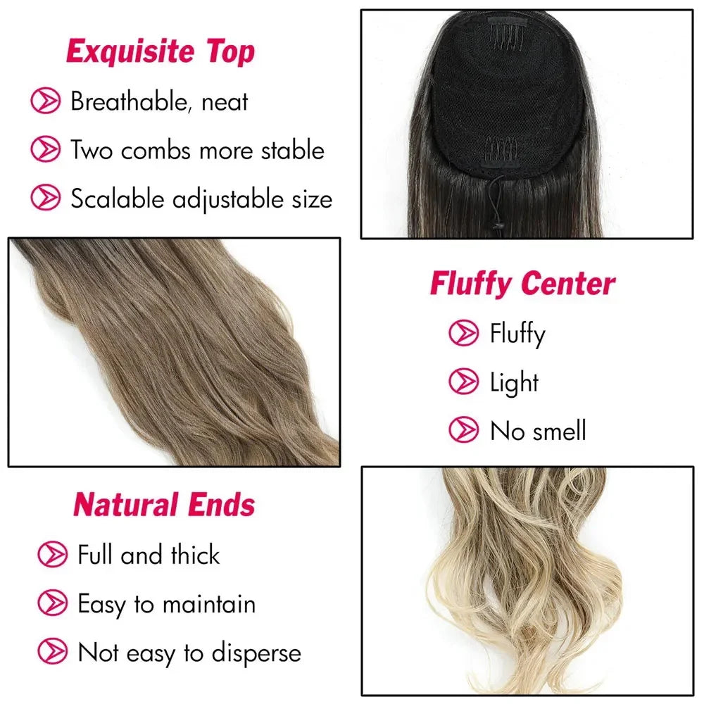 Ombre Blonde Weave Ponytail Clip In Hair Extension Synthetic Wig