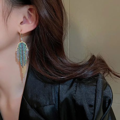 Rhinestones Long Tassel Earring