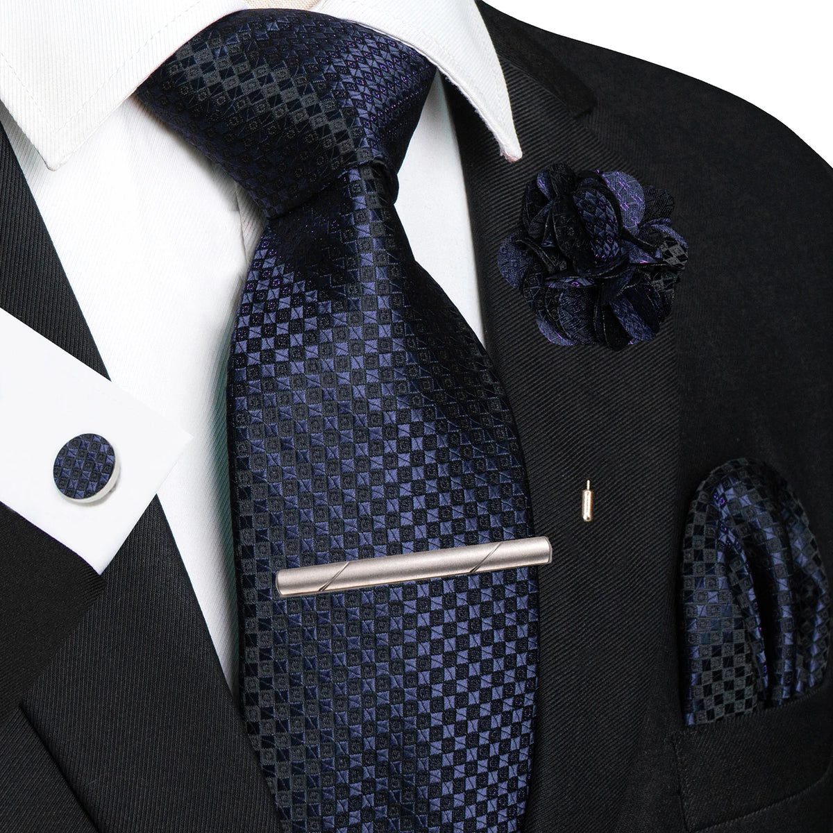 Blue 8cm Silk Tie Pin Pocket Square Cufflinks Tie