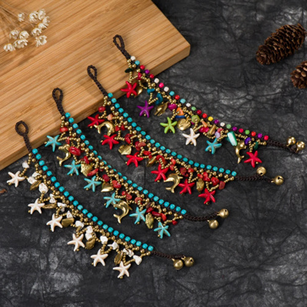 Retro Imitation Turquoise Starfish Water Droplet Tassel Bracelet