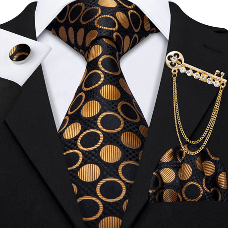 Hanky Cufflink Brooch Jacquard Silk Men Tie gold black circle pattern necktie set 