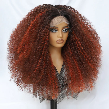 Red 24 Inch Jerry Curl Synthetic Lace Kinky Curly Wigs