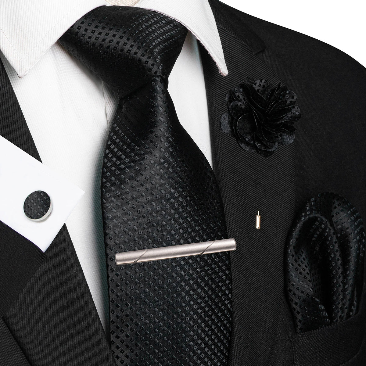 Black 8cm Silk Tie Pin Pocket Square Cufflinks Tie