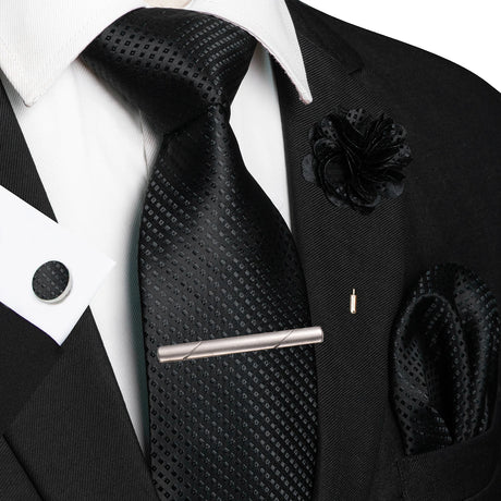 Black 8cm Silk Tie Pin Pocket Square Cufflinks Tie