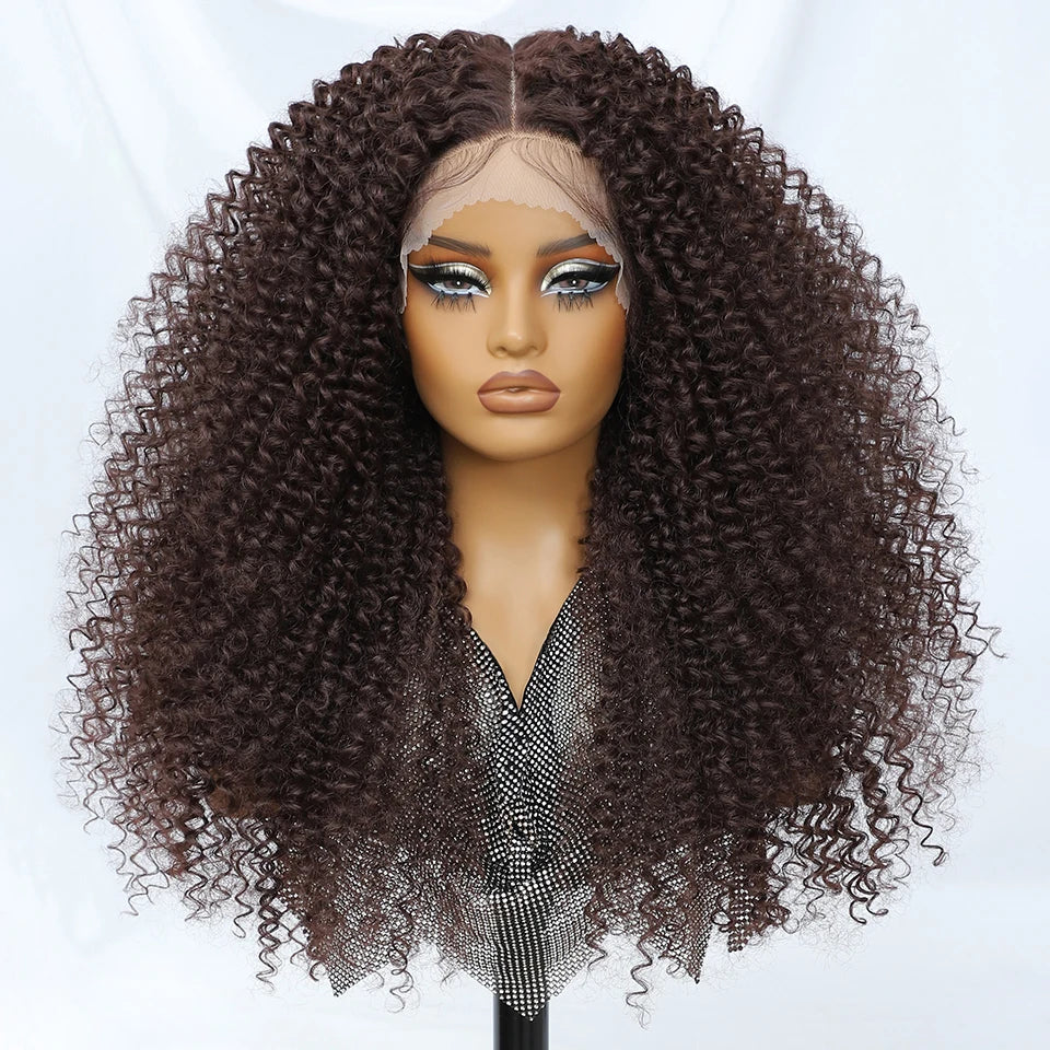 Light Brown 24 Inch Jerry Curl Synthetic Lace Kinky Curly Wigs