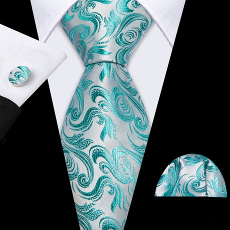 Solid Paisley Green Teal Blue Striped Silk Men Tie