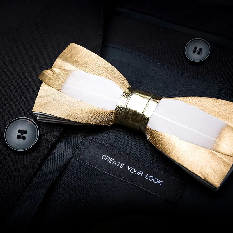 Gold Fashion Handmade Feather Bowtie Suit Accessories
