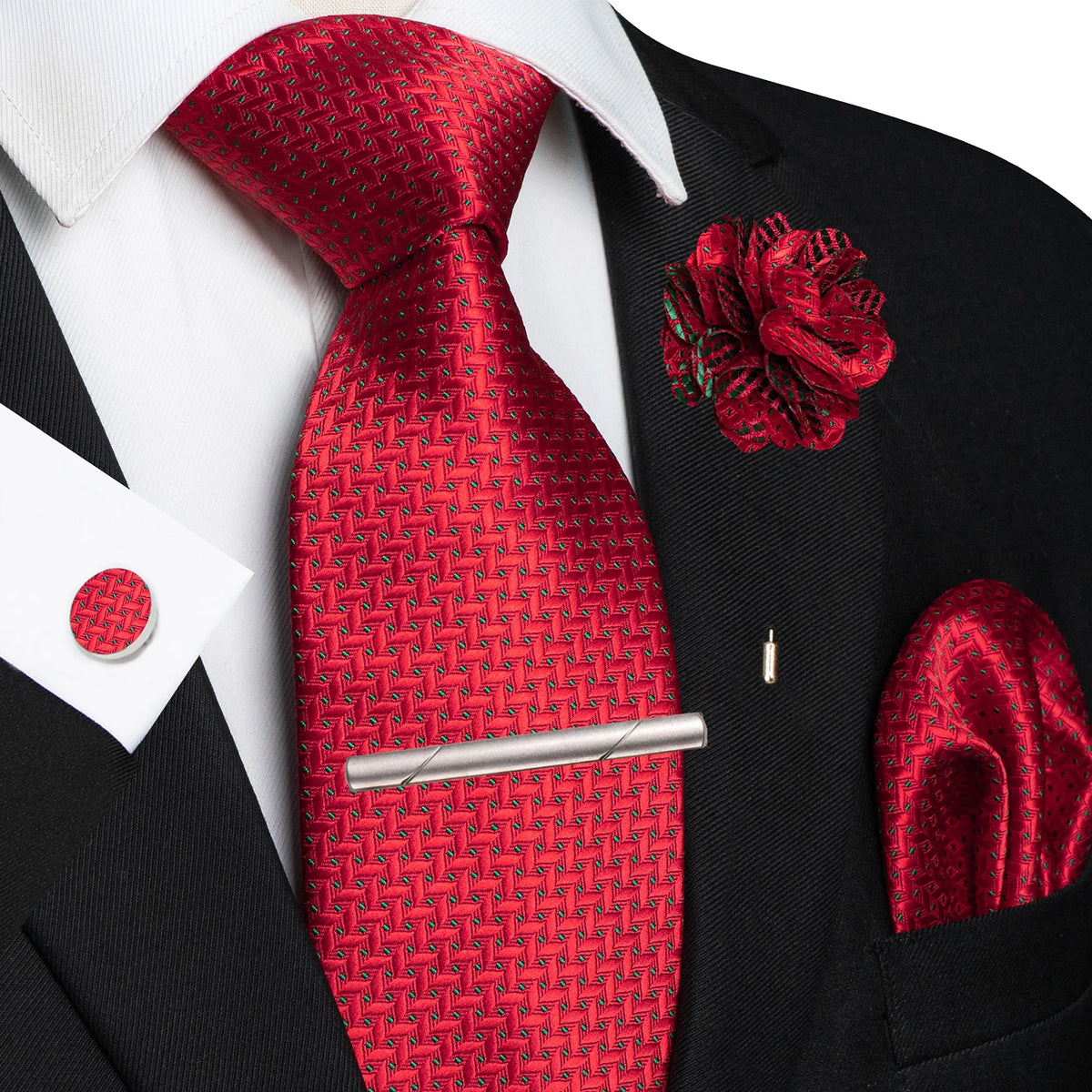 Red 8cm Silk Tie Pin Pocket Square Cufflinks Tie