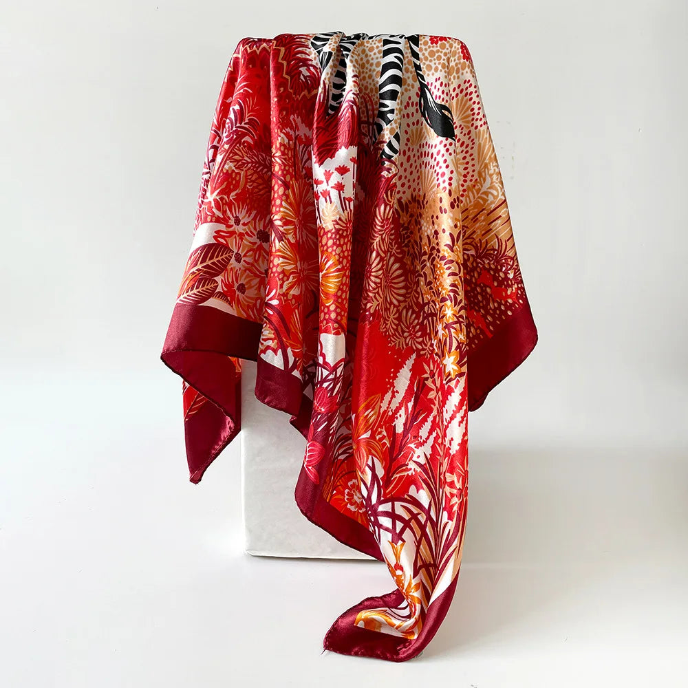 Red Luxury Square Silk Foulard 90*90cm Shawl Wrap Headband