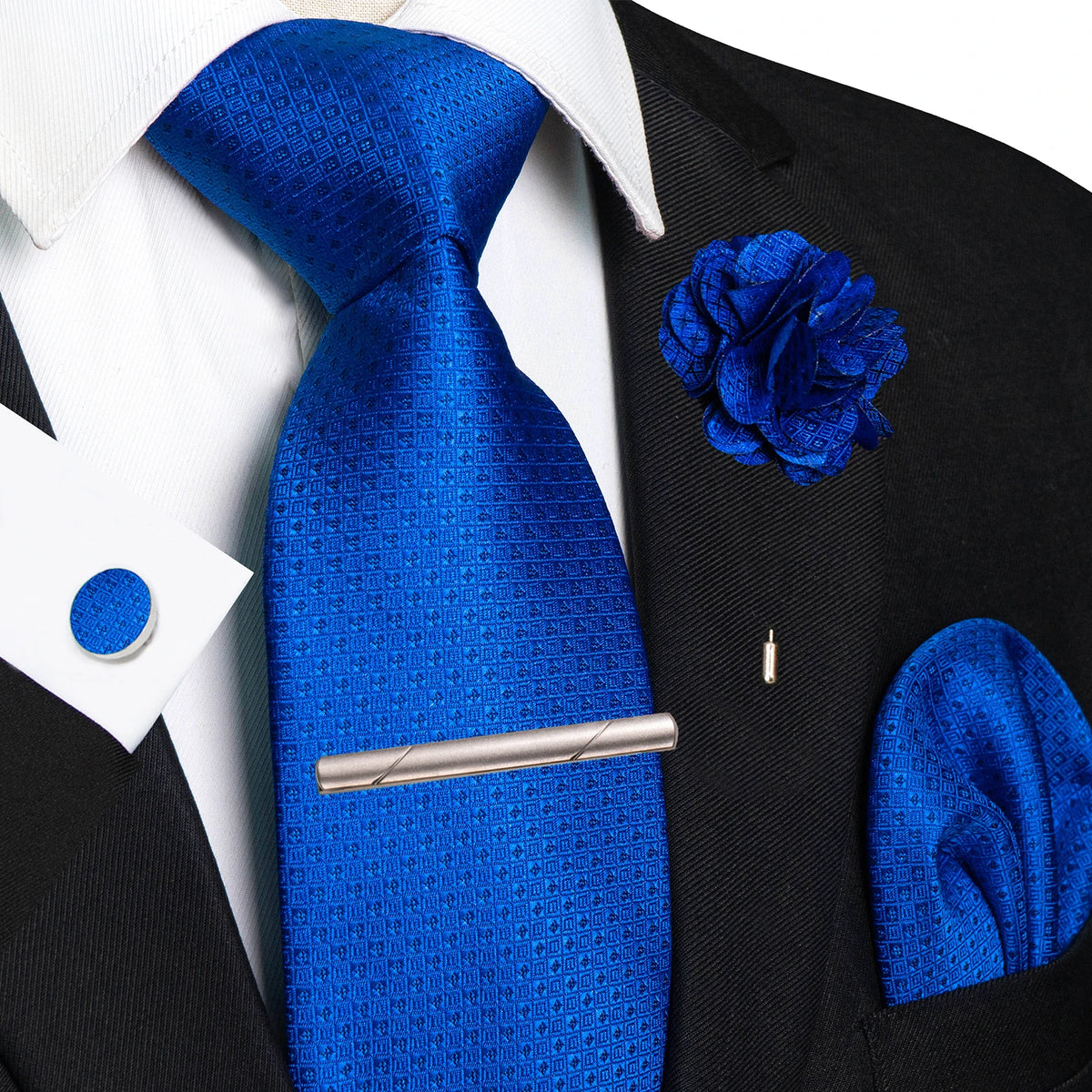 Blue 8cm Silk Tie Pin Pocket Square Cufflinks Tie