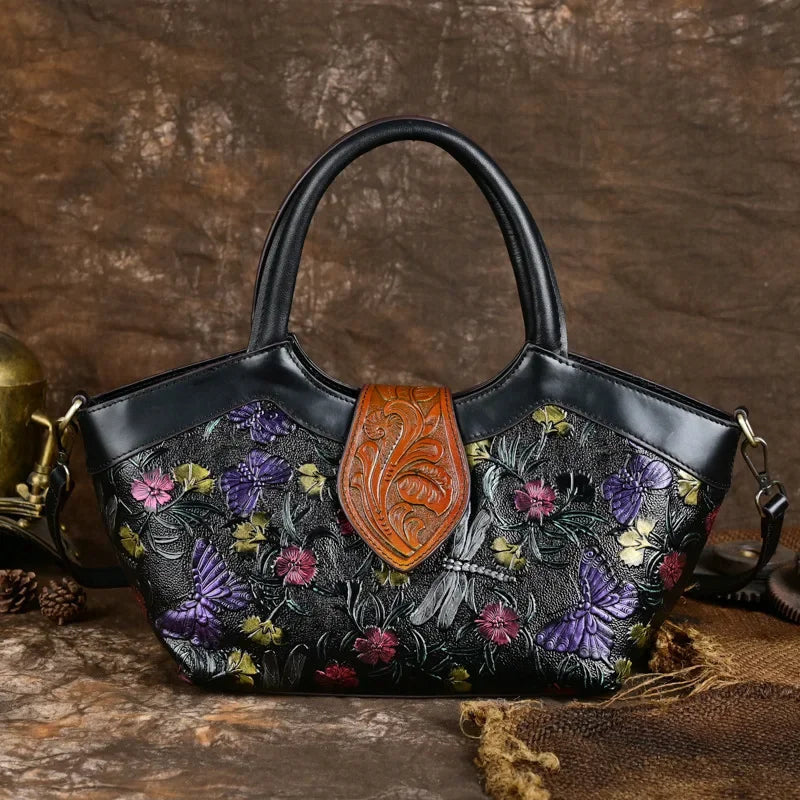 Genuine Leather Retro Flower Handbag