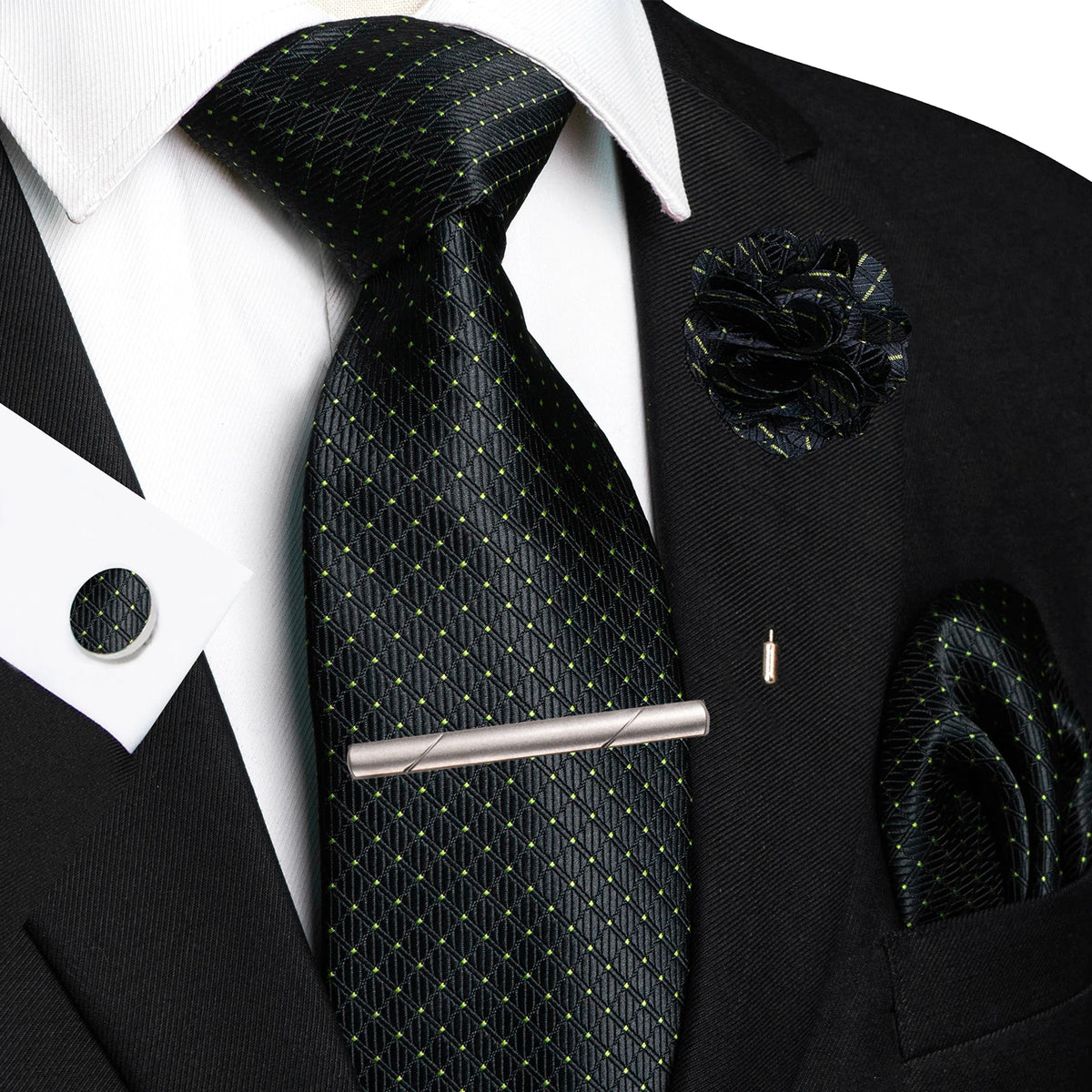 Black 8cm Silk Tie Pin Pocket Square Cufflinks Tie