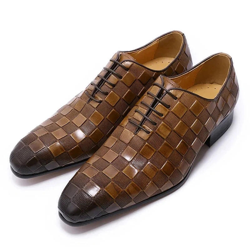 Plaid Print Leather Oxford Men Shoes