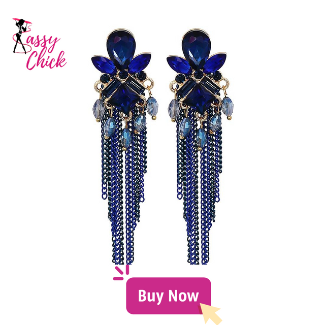 Blue Crystal Long Tassel Earrings