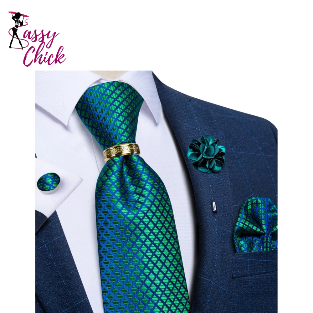 Green Ties Pocket Square Cufflinks With Tie Ring