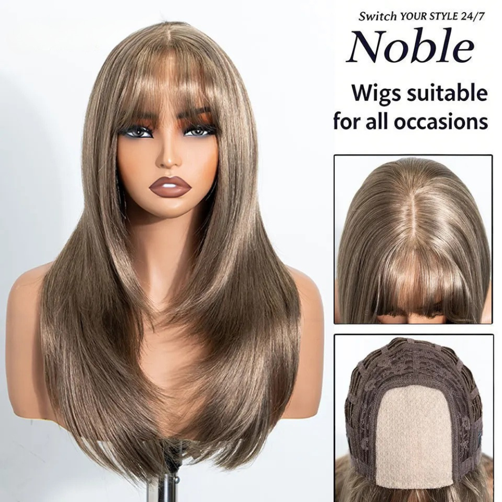 20 Inch Ash Brown Layered Straight Air Bangs Wig