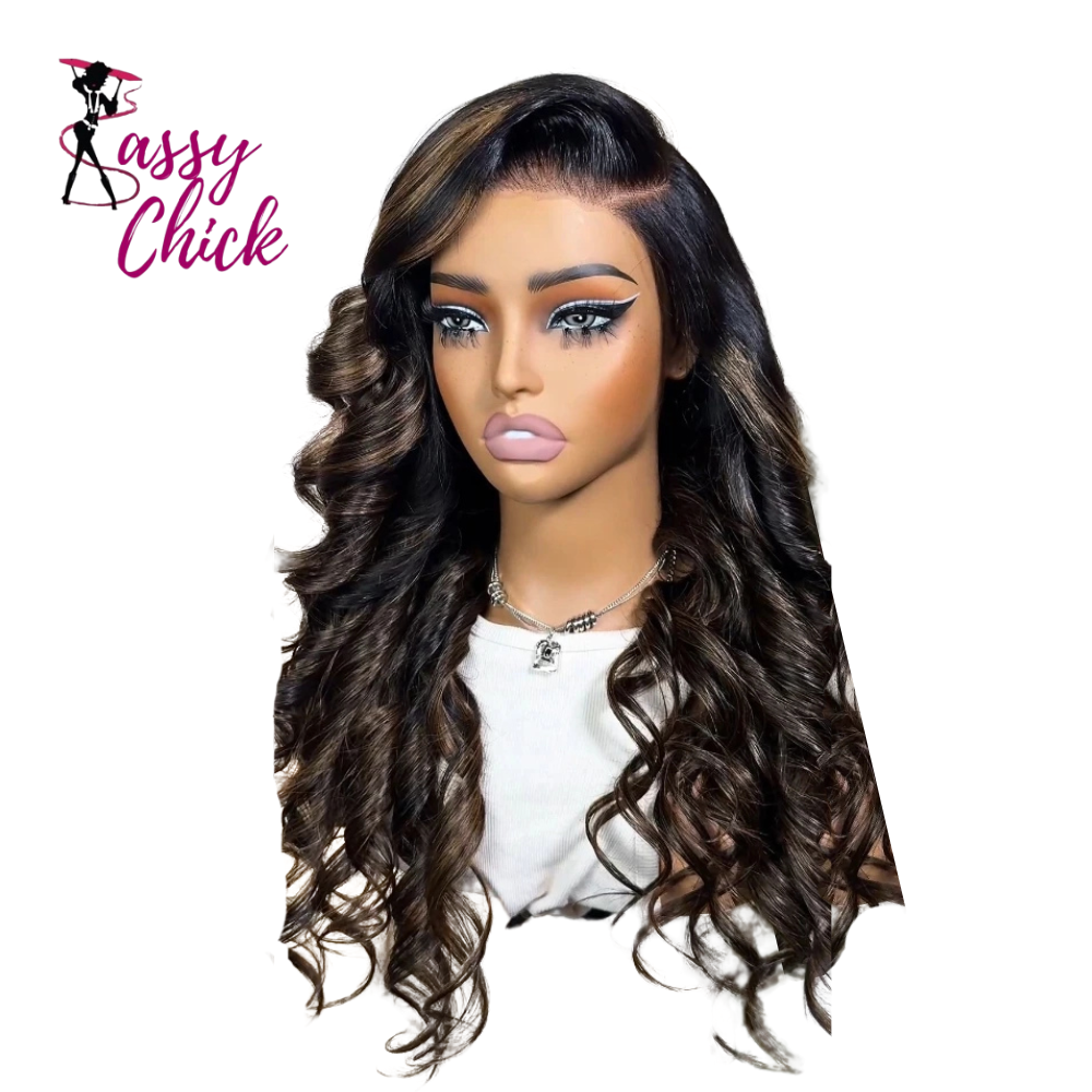 Pre Cut Brown Balayage Body Wave Human Hair Lace Front Wig