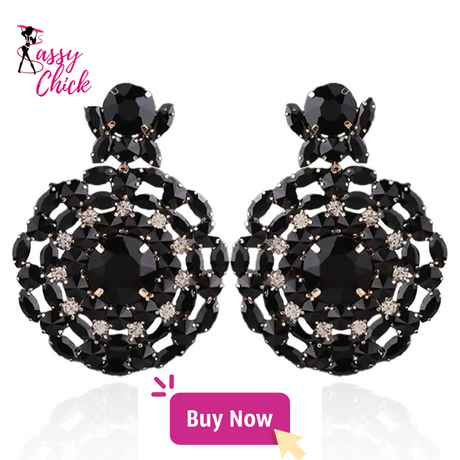 Rhinestone Black Round Earrings