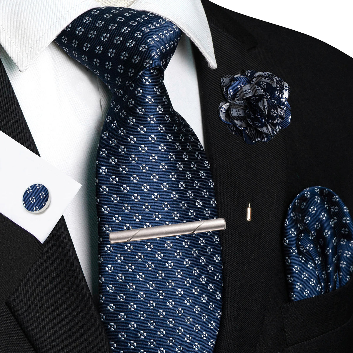 Blue 8cm Silk Tie Pin Pocket Square Cufflinks Tie