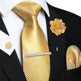Gold 8cm Silk Tie Pin Pocket Square Cufflinks Tie