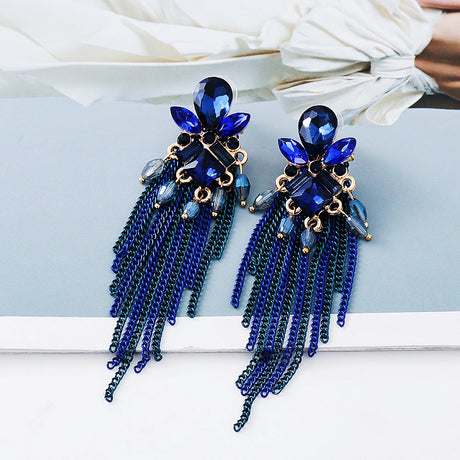 Blue Crystal Long Tassel Earrings