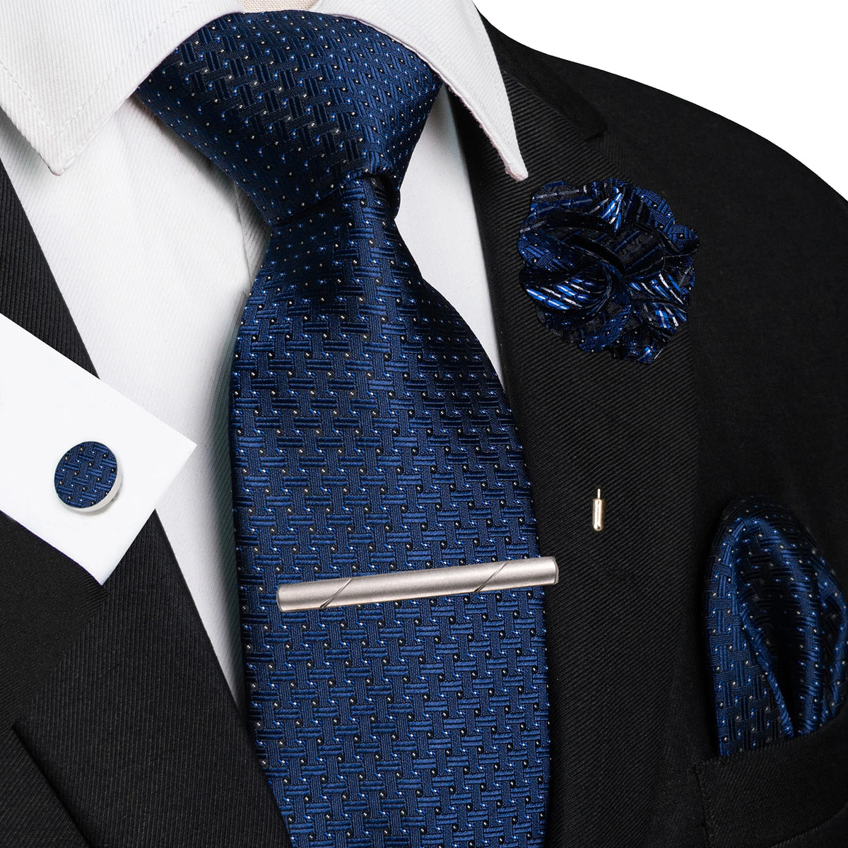 Blue 8cm Silk Tie Pin Pocket Square Cufflinks Tie