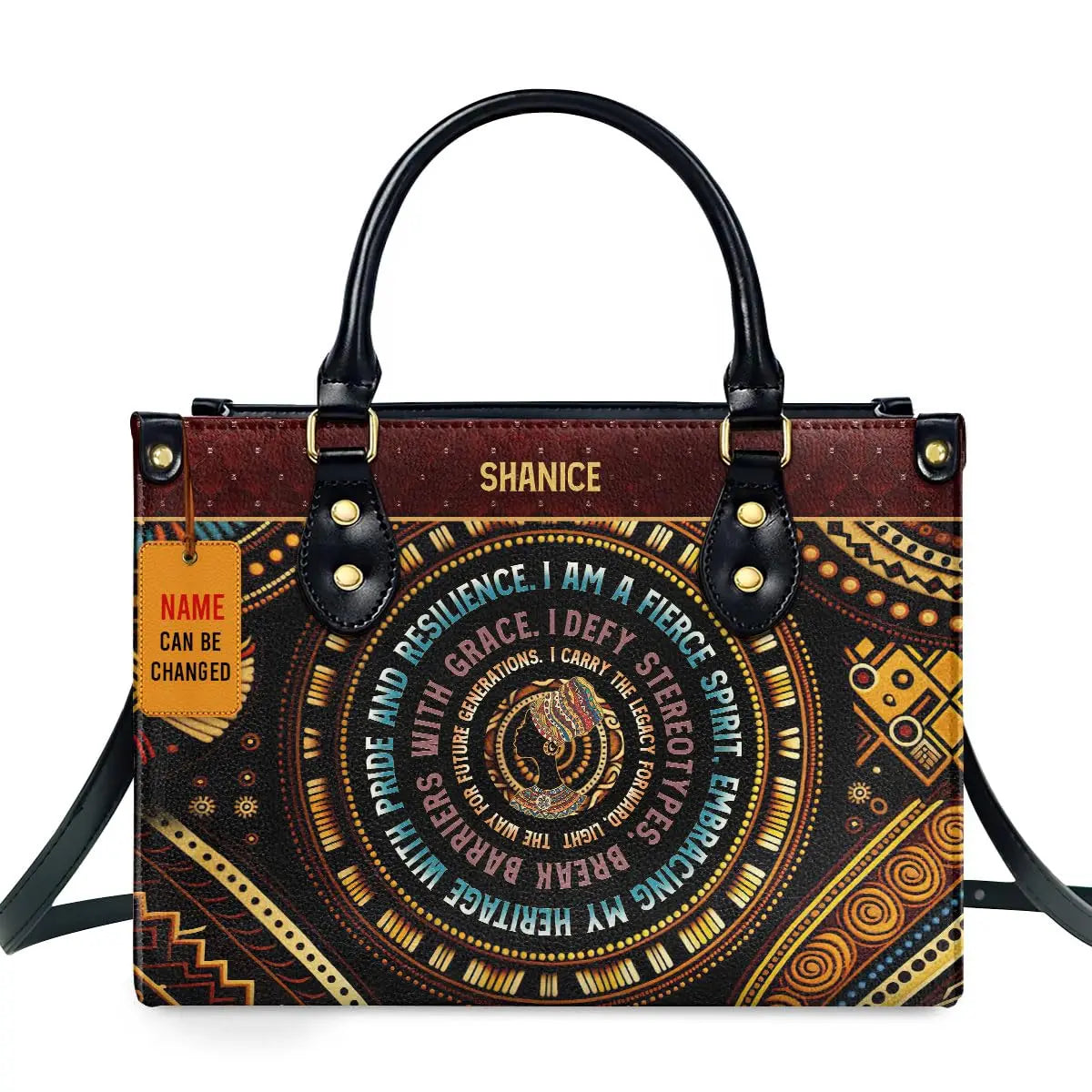 African Girl Print Leather Handbag