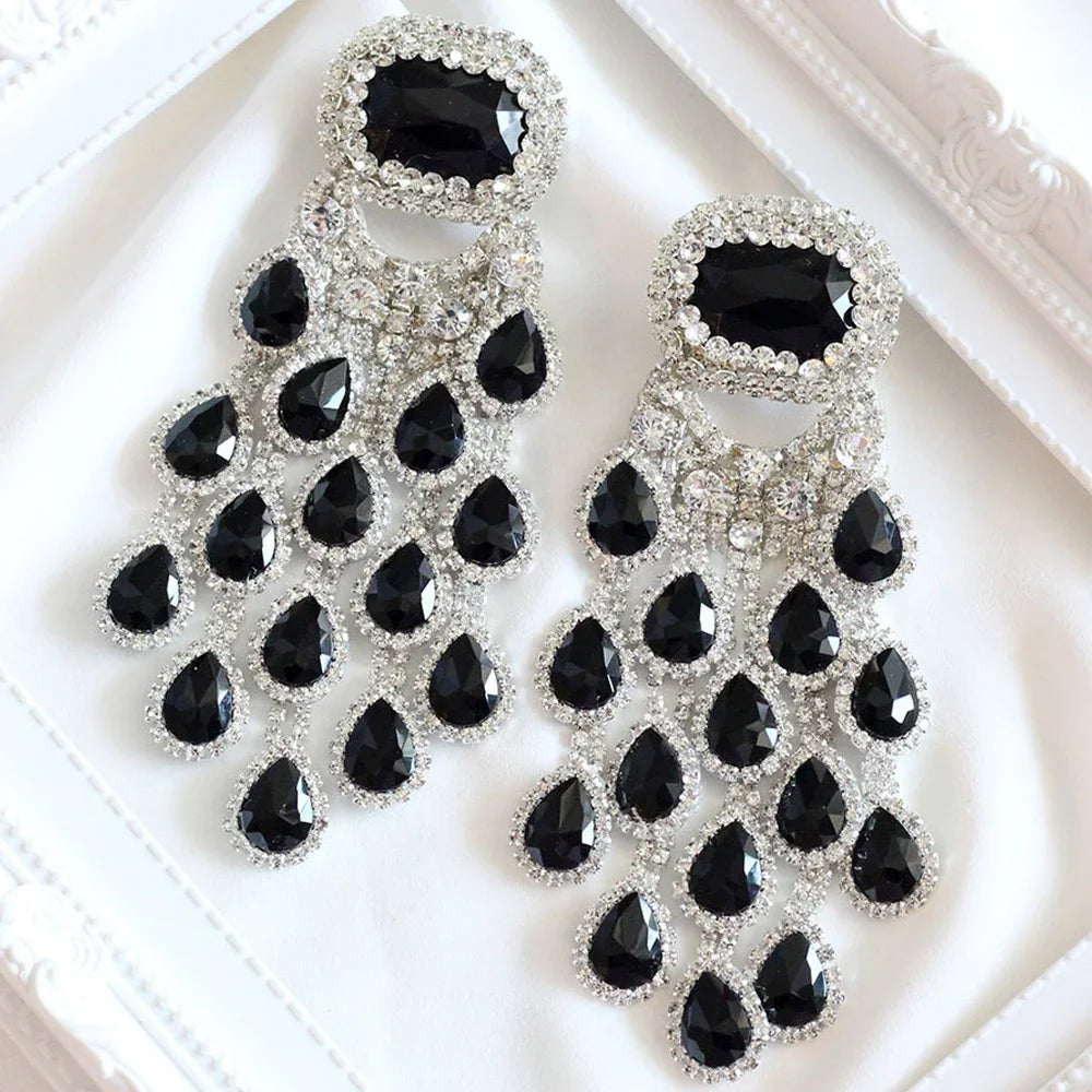 Black Crystal Tassel Earrings