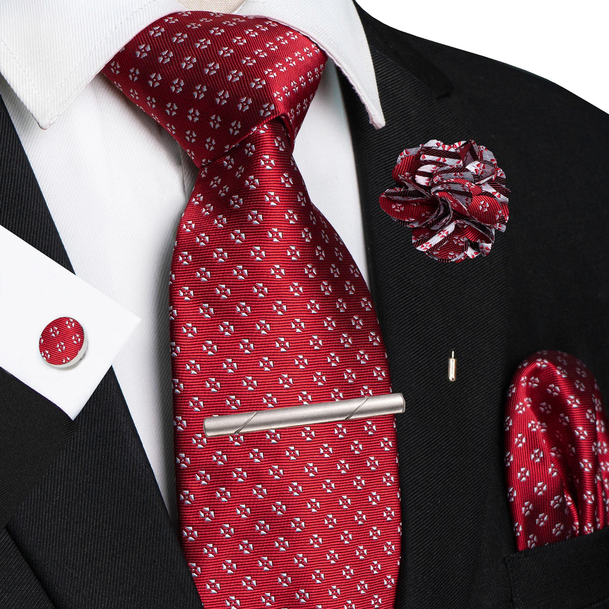 Red 8cm Silk Tie Pin Pocket Square Cufflinks Tie