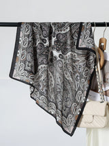 Black Satin Kerchief Hairband  70cm Cashew Print Silk Square Scarf