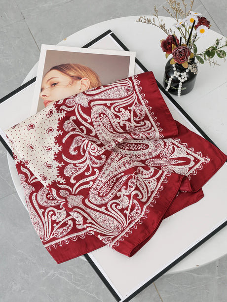 Red Satin Kerchief Hairband  70cm Cashew Print Silk Square Scarf