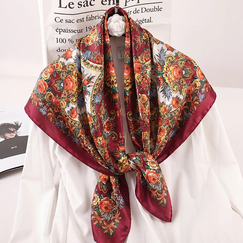 Red Satin Square Scarf Paisley Floral Print Bandana