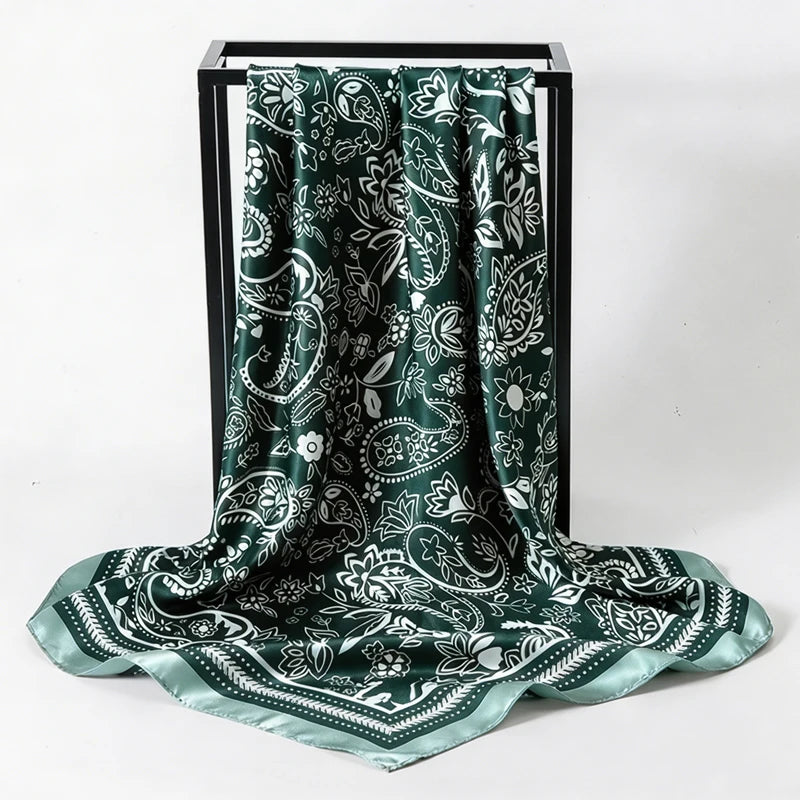 Green Satin Square Scarf Paisley Floral Print Bandana