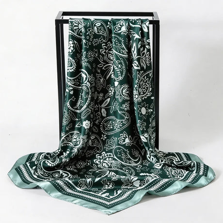Green Satin Square Scarf Paisley Floral Print Bandana