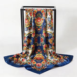 Blue Satin Square Scarf Paisley Floral Print Bandana