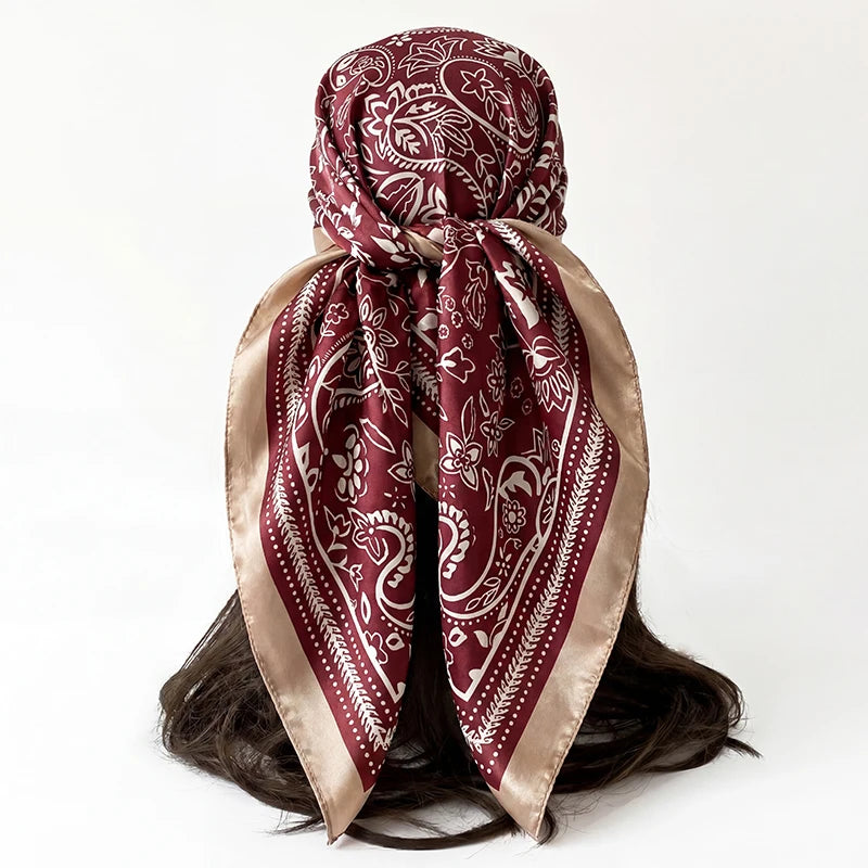 Red Satin Square Scarf Paisley Floral Print Bandana