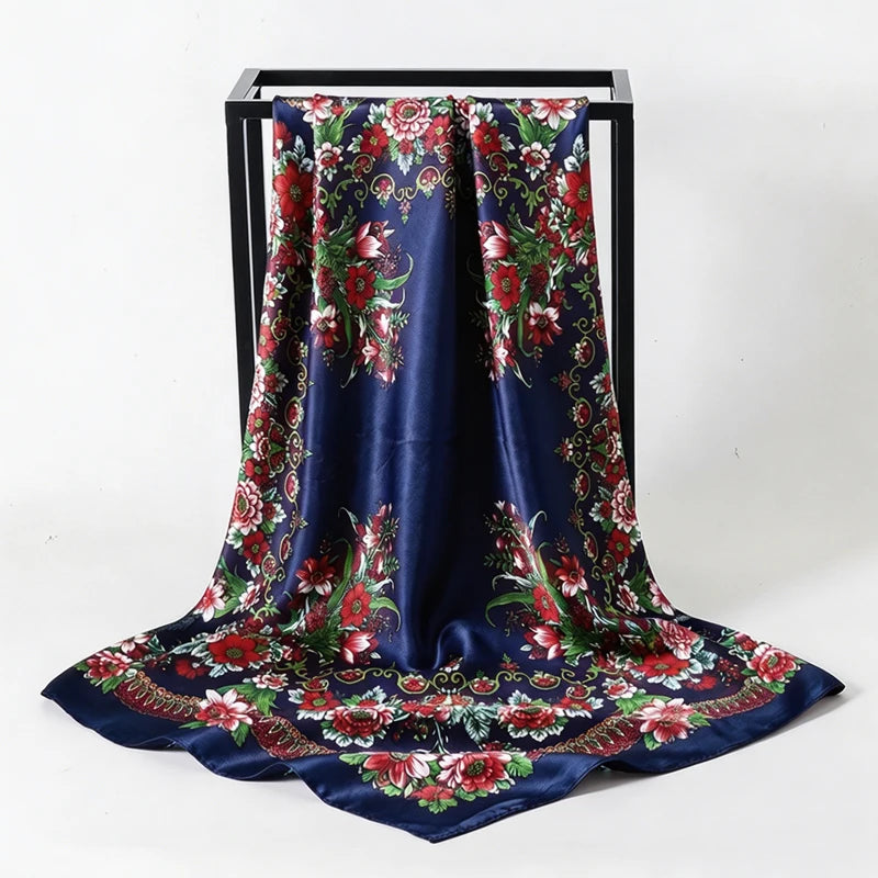 Blue Satin Square Scarf Paisley Floral Print Bandana