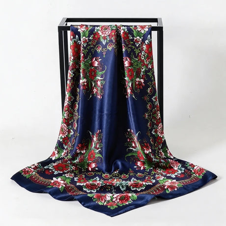 Blue Satin Square Scarf Paisley Floral Print Bandana