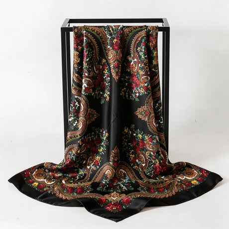 Black Satin Square Scarf Paisley Floral Print Bandana